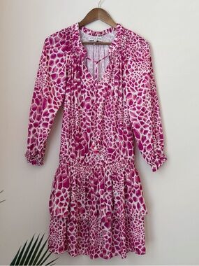 Hale Bob Tara Pink Animal Print Smocked Drop Waist Ruffle Dress XS